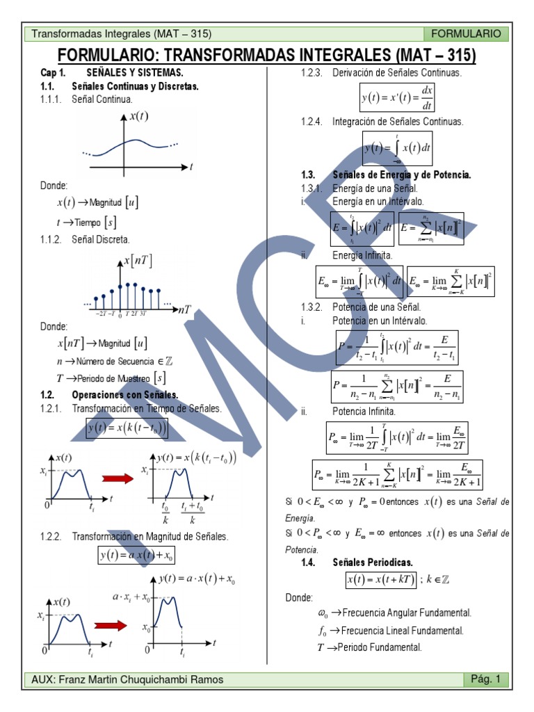 Formulario de Transformadas Integrales | PDF | Teoría de sistemas ...