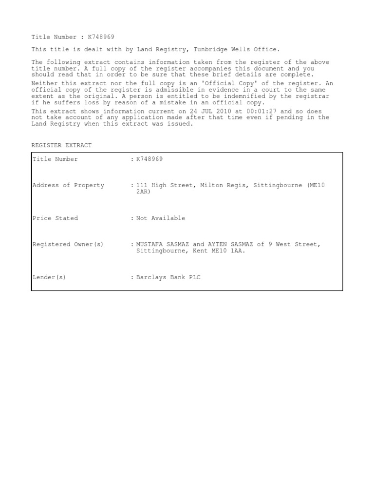 Specimen Register for Title K748969 | PDF | Property Law | Common Law