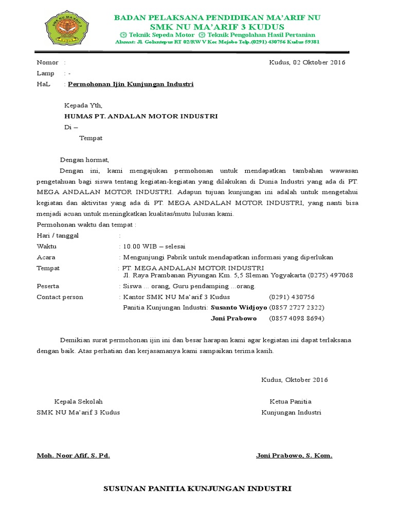Surat Permohonan Kunjungan Industri Pdf