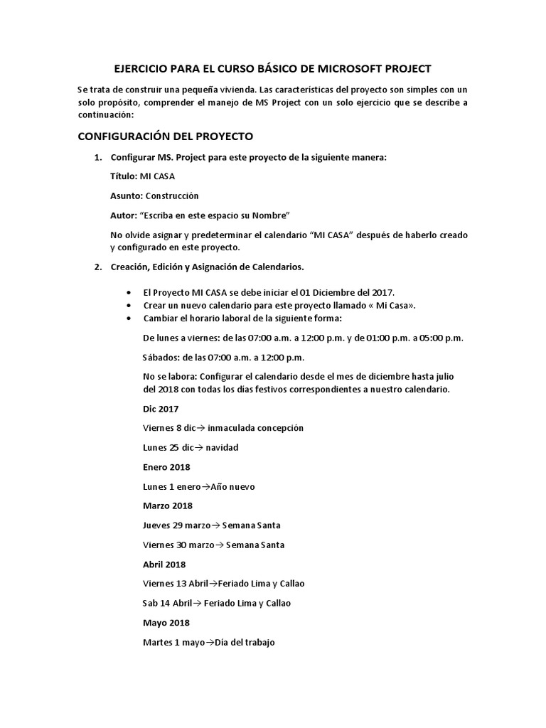 Ejercicio para El Curso Básico de Microsoft Project | PDF | Calendario ...