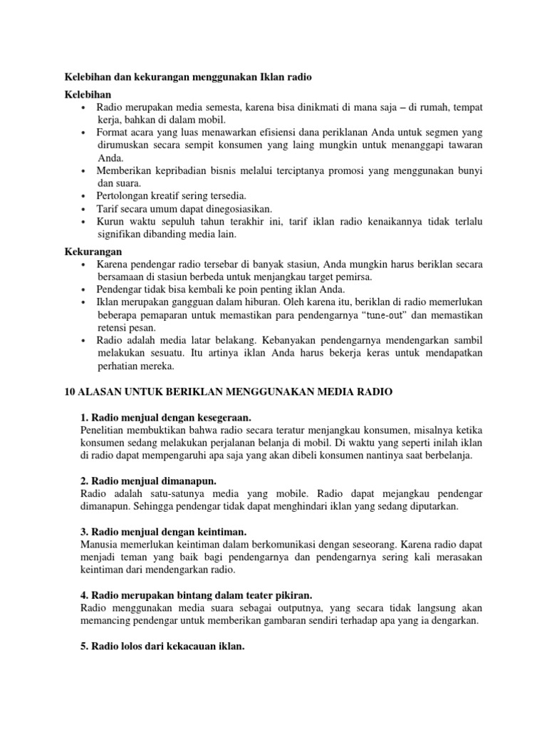 Kelebihan Dan Kekurangan Menggunakan Iklan Radio Pdf