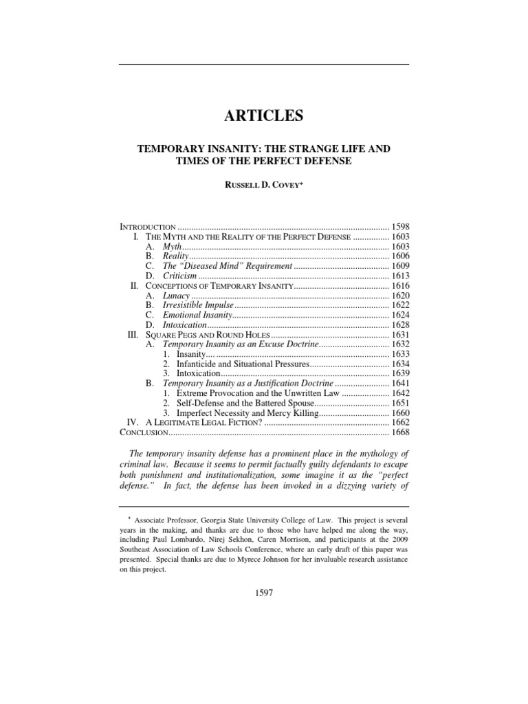 Temporary Insanity by COVEY PDF Insanity Defense Plea