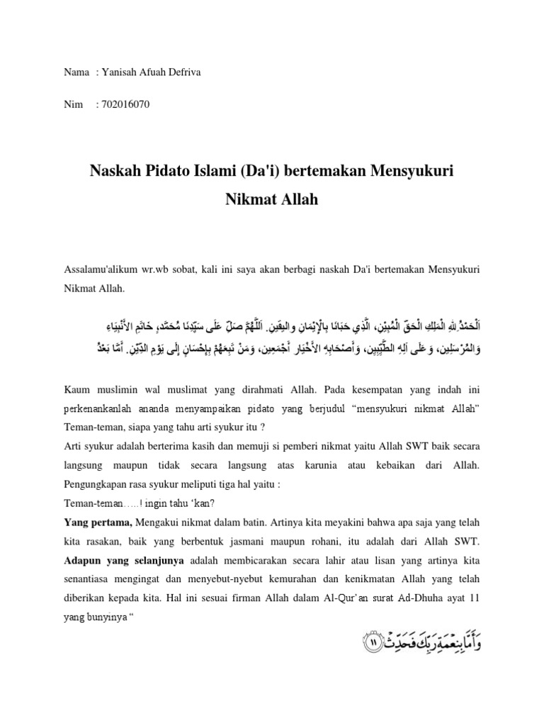 Contoh Teks Pidato Bahasa Arab Tentang Mensyukuri Nikmat Allah Dunia Belajar