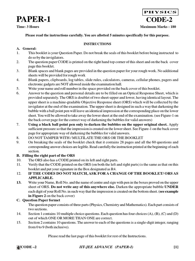 JEE Advanced Paper 1 - Physics Code 2 | PDF | Capacitor | Dissociation ...