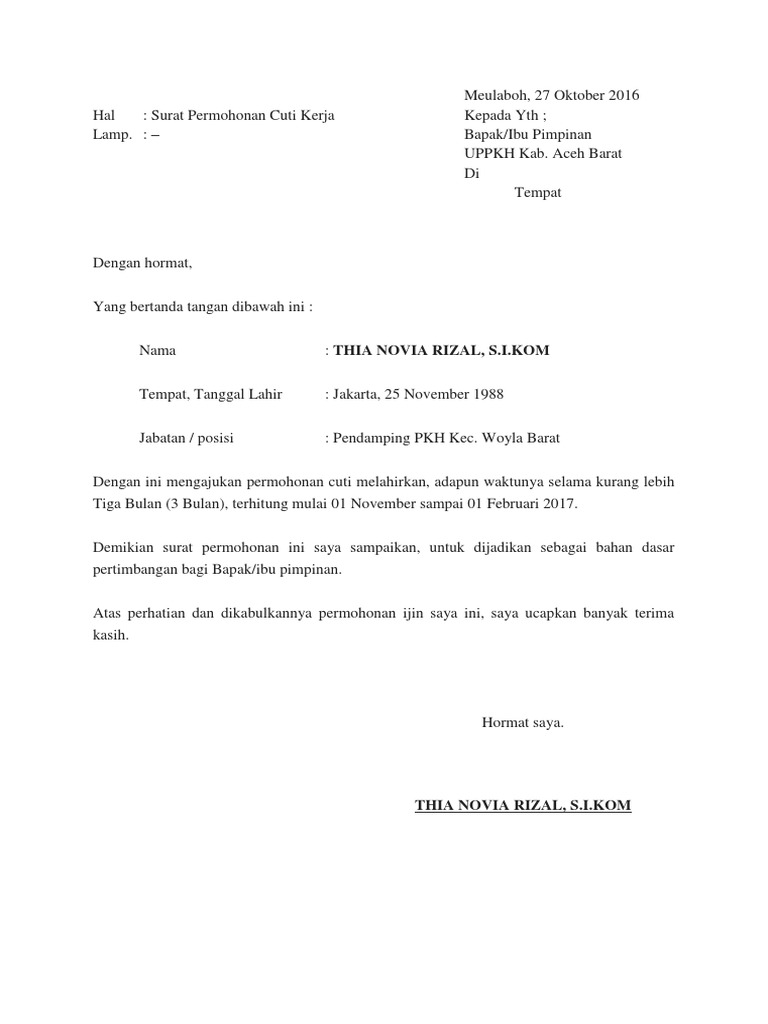 Contoh Surat Pengajuan Cuti Lahiran