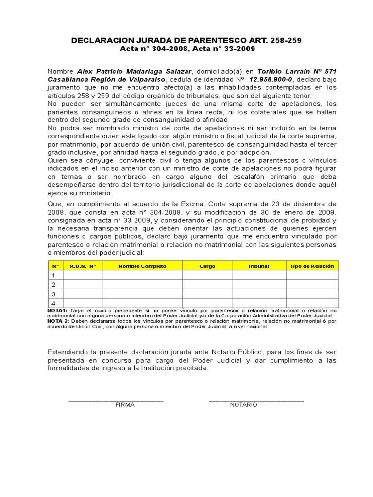 Declaración Jurada de Parentesco Judicial | PDF | Parentesco | Ley Pública