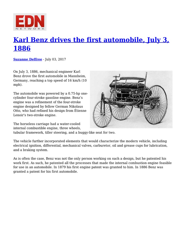 Karl Benz Drives The First Automobile July 3 1886 | PDF