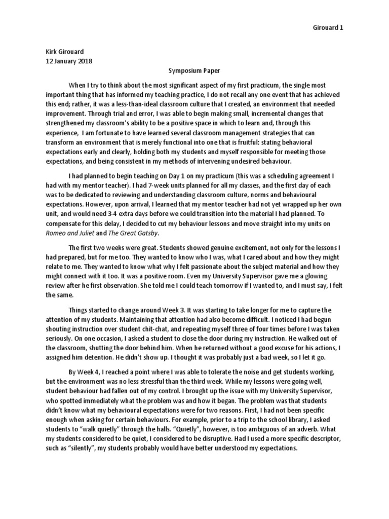 Kirk Girouard Symposium Paper | PDF | Classroom Management | Teachers