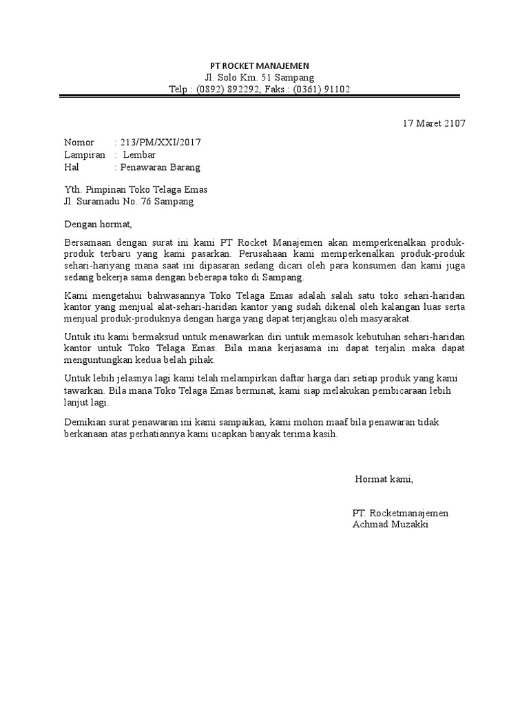 Contoh Surat Penawaran Barang