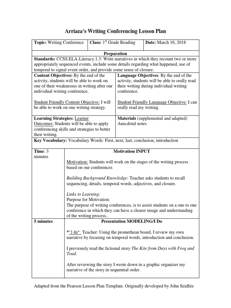 Writing Conference Lesson Plan for 1st Grade | PDF | Lesson Plan ...