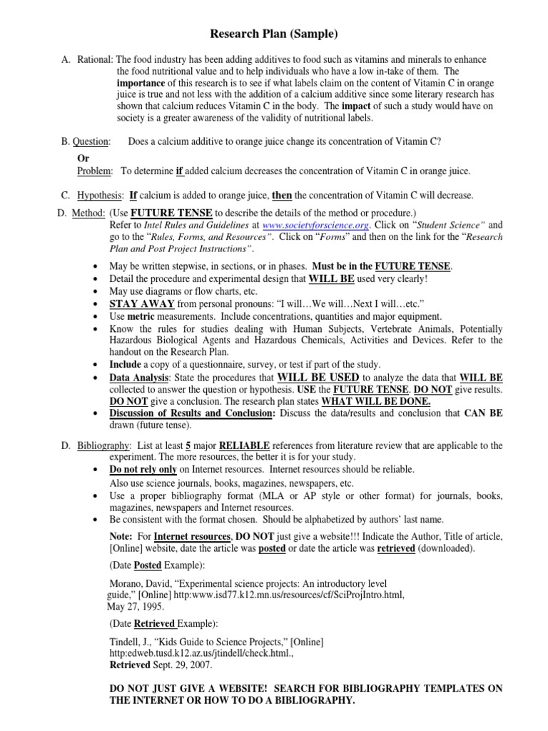 Research Plan Sample PDF Vitamin C Experiment