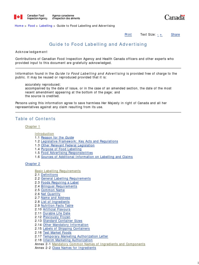 GuideFoodLabellingAdvertising CFIA Dec2011 PDF Nutrition Facts