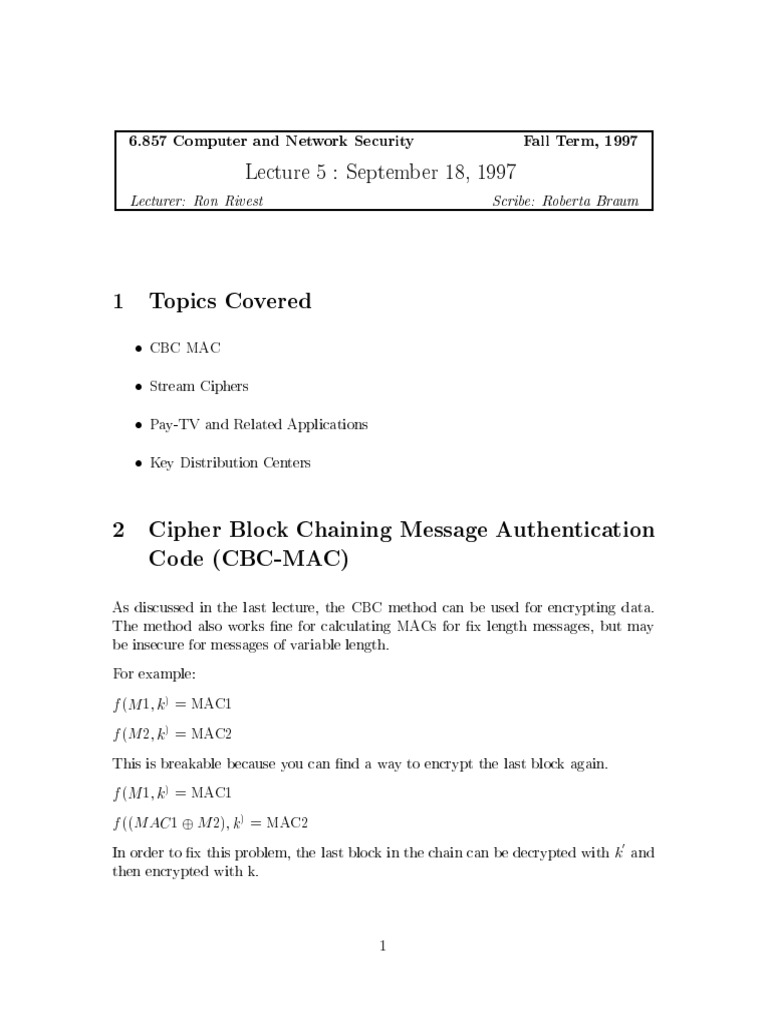 1 Topics Covered: Lecture 5: September 18, 1997 | PDF | Encryption ...