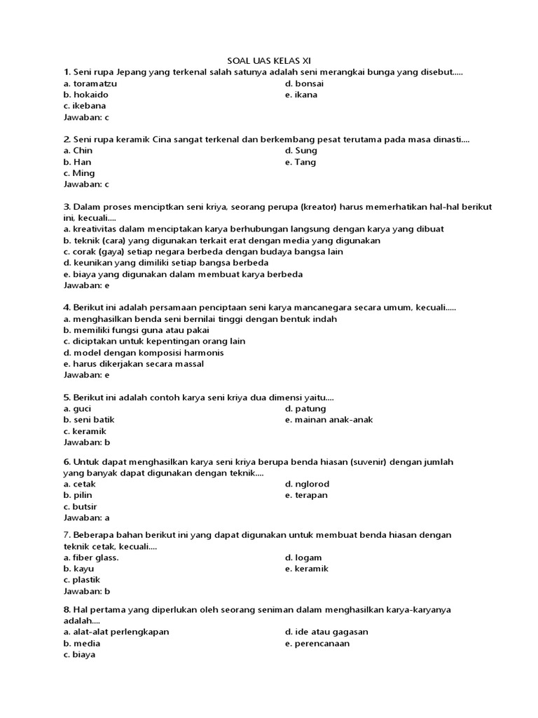 Soal Kelas Xi Seni Budayajawaban