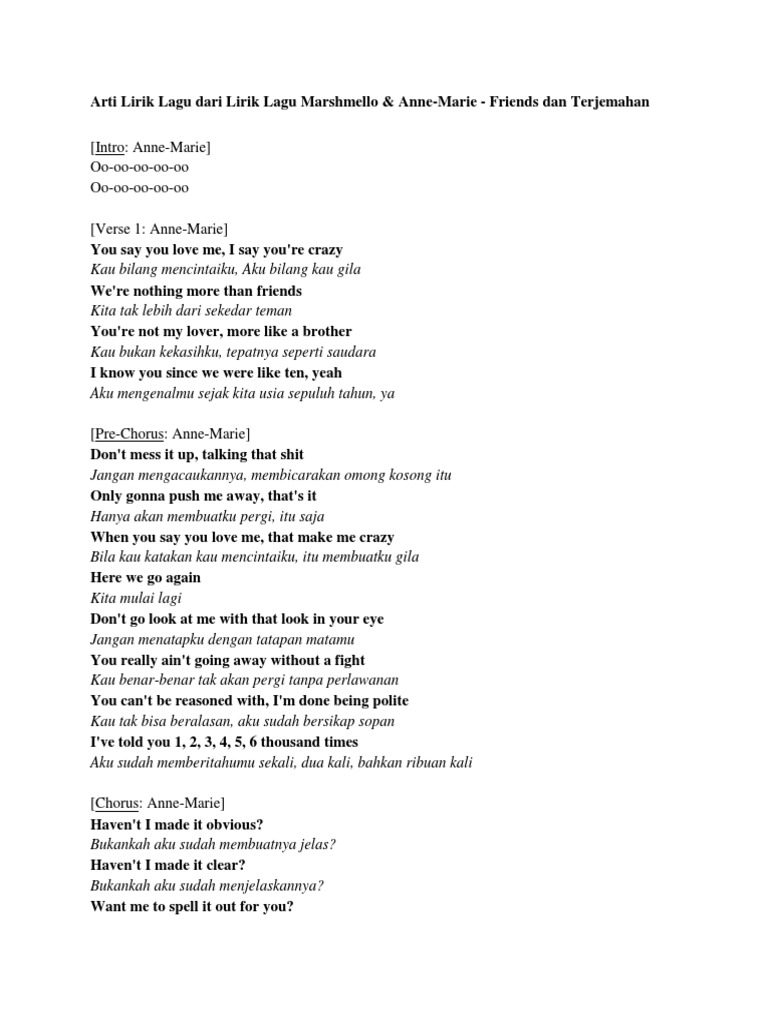 Lirik Lagu Anne Marie Friends Arsia Lirik