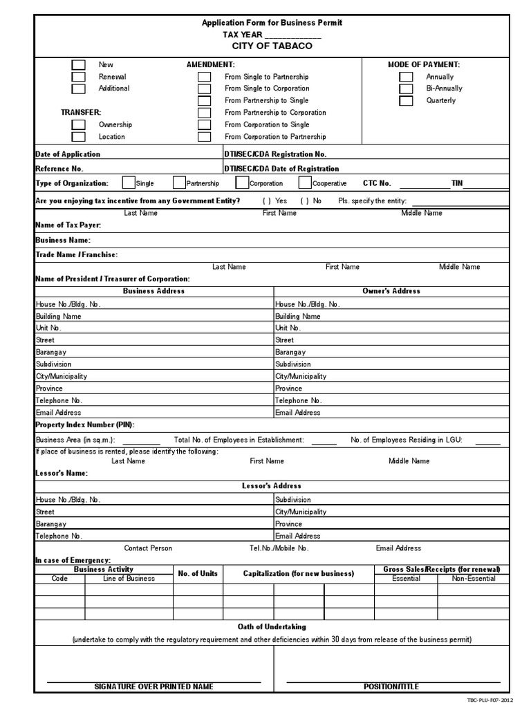 Application Form for Business Permit Fee Business Free 30day