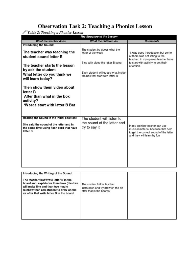 Observation Task 2 Year 3 | PDF | Phonics | Teachers