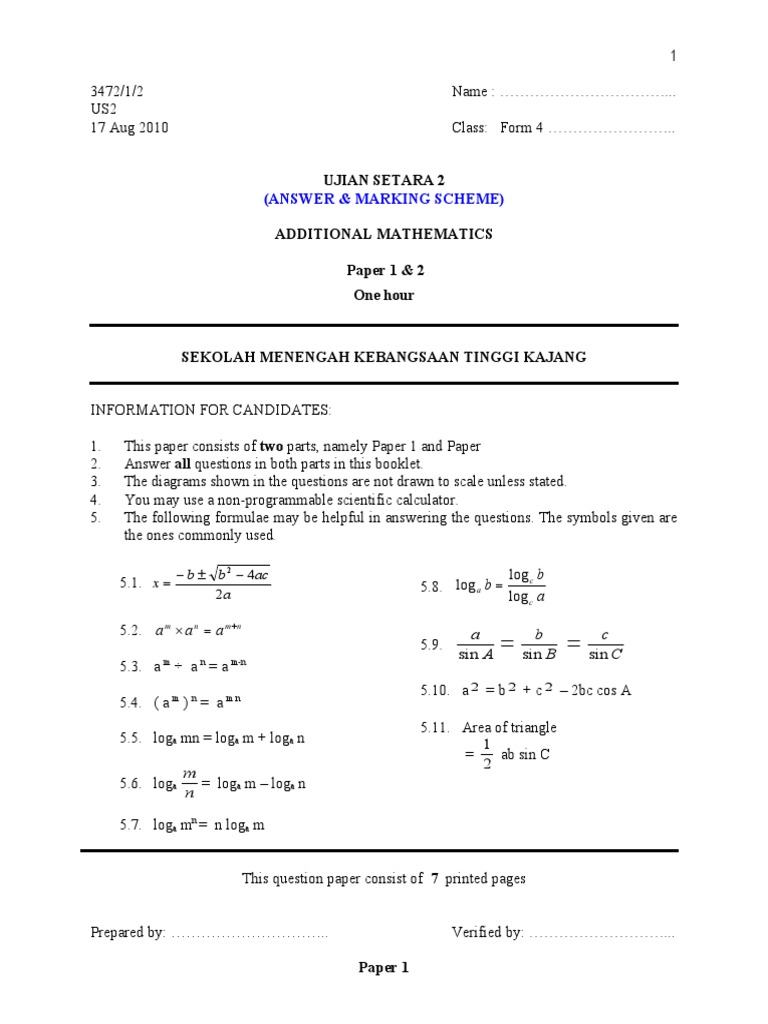 Additional Mathematics Exam Paper & Solutions | PDF | Algebra ...