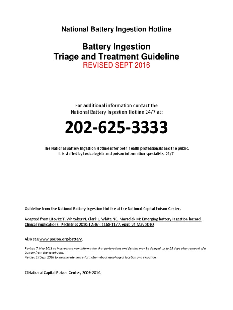 NBIH Button Battery Ingestion Triage and Treatment Guideline PDF Esophagus Esophageal Cancer