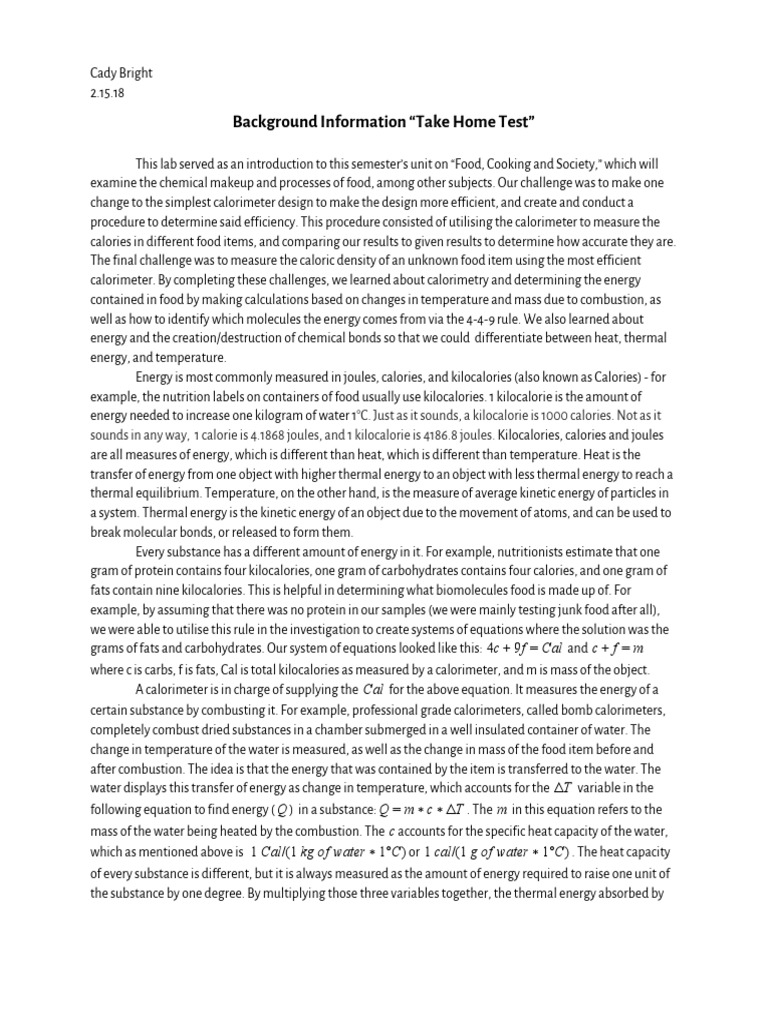 Cady B Take Home Test Background Information For Calorimetry Lab