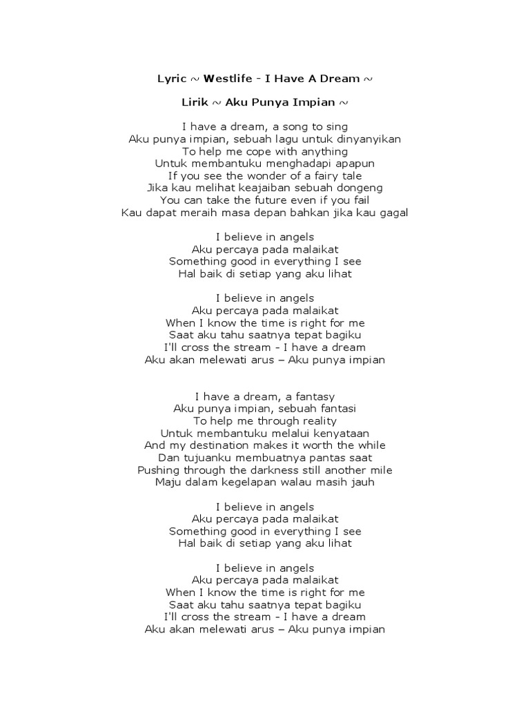 Lirik dan Makna "I Have A Dream" Westlife | PDF