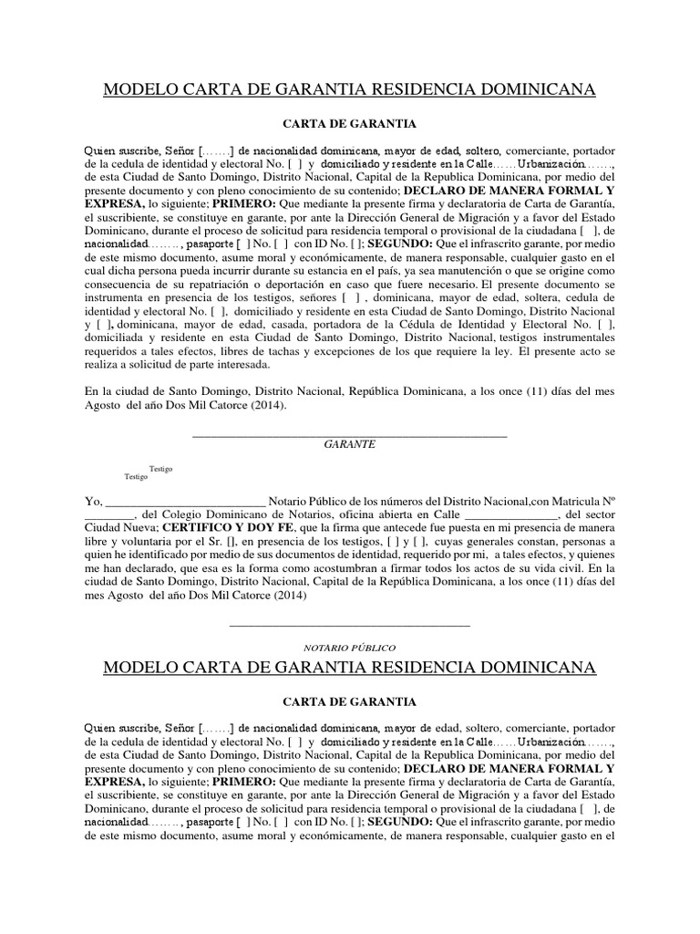 Modelo Carta de Garantía Residencia Dominicana  República Dominicana