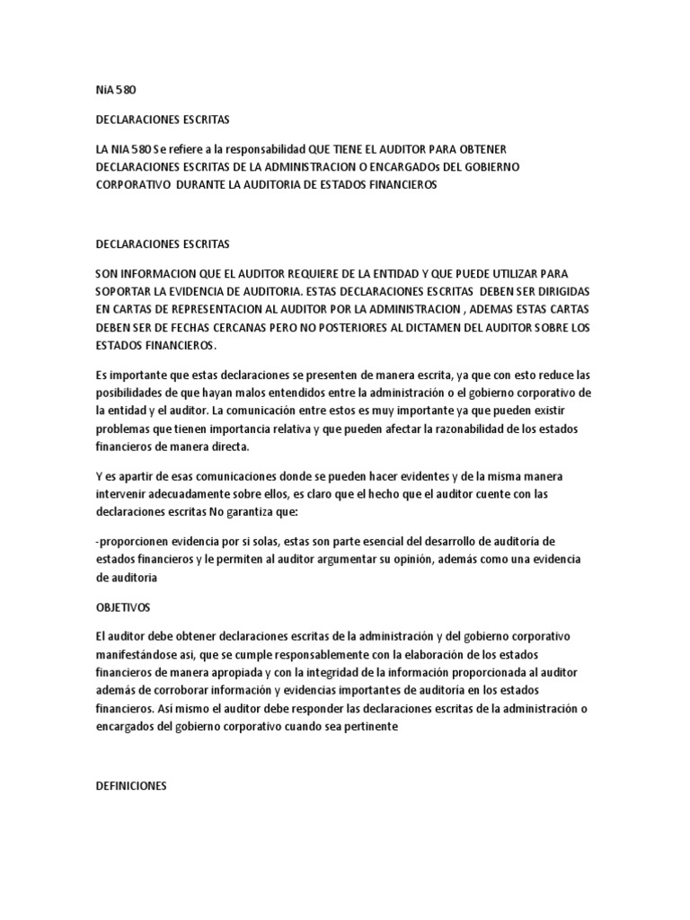 Declaraciones Escritas en Auditoría NIA 580 | PDF | Contralor | Estado ...