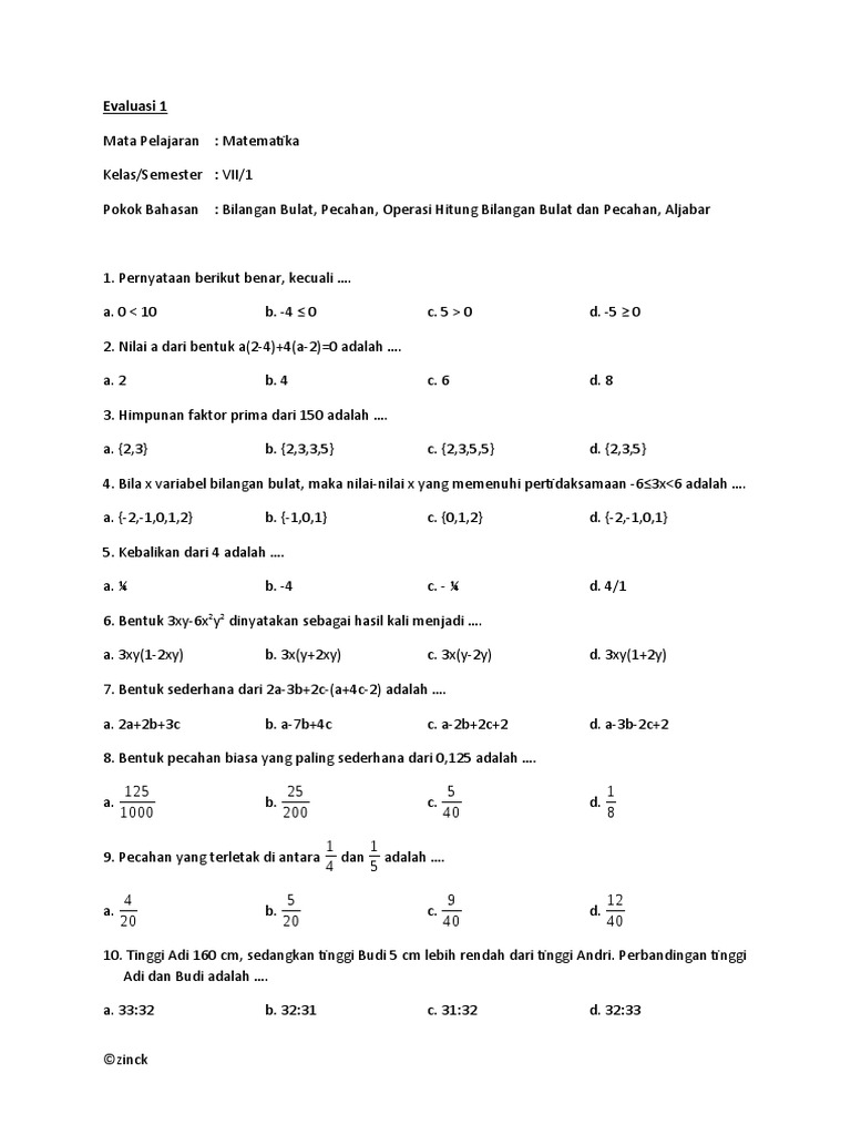Soal Matematika SMP Kelas 1 | PDF