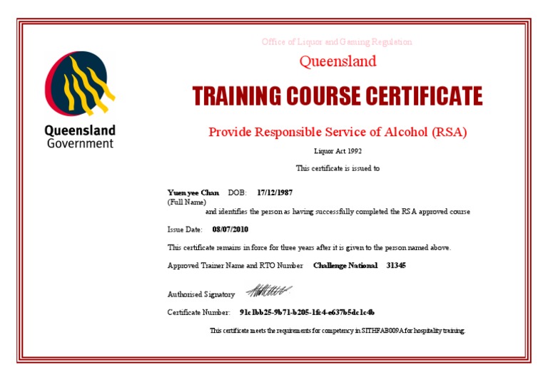 Training Course Certificate: Queensland | PDF