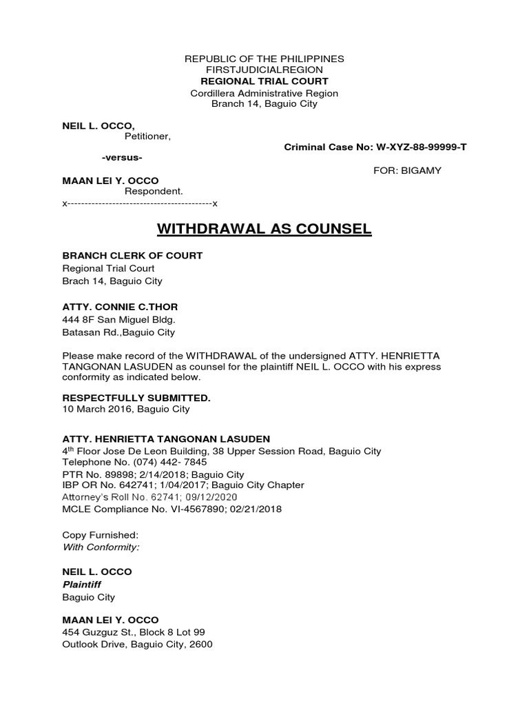 Withdrawal As Counsel | PDF | Law