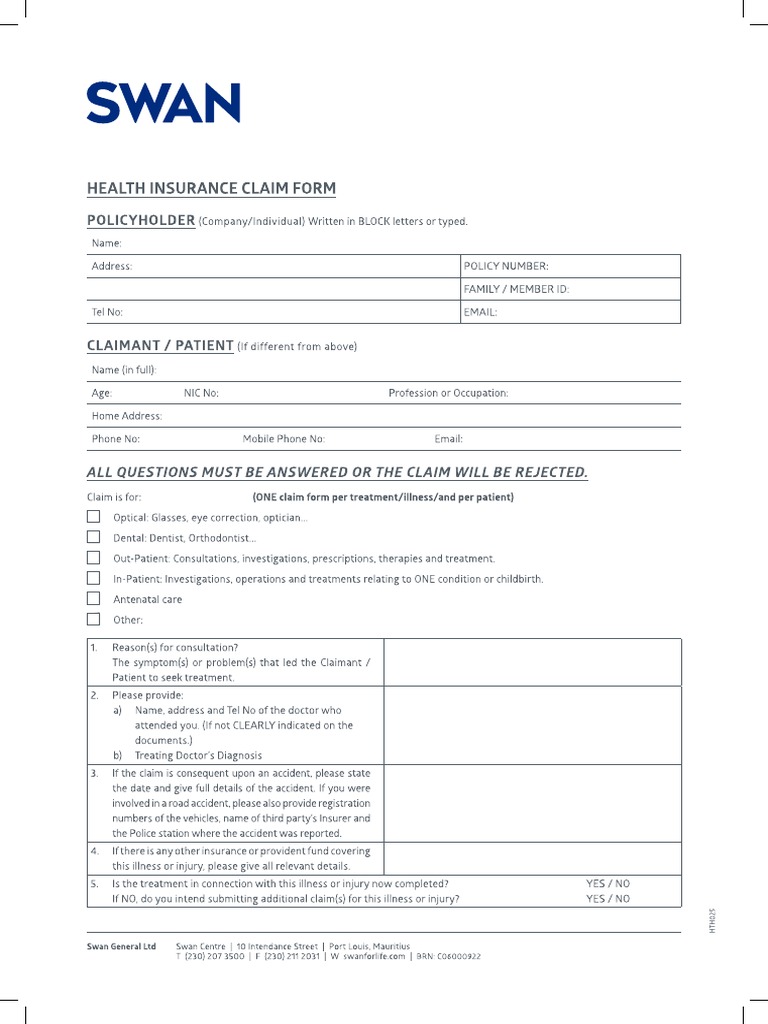 SWAN Health Insurance Claim Form