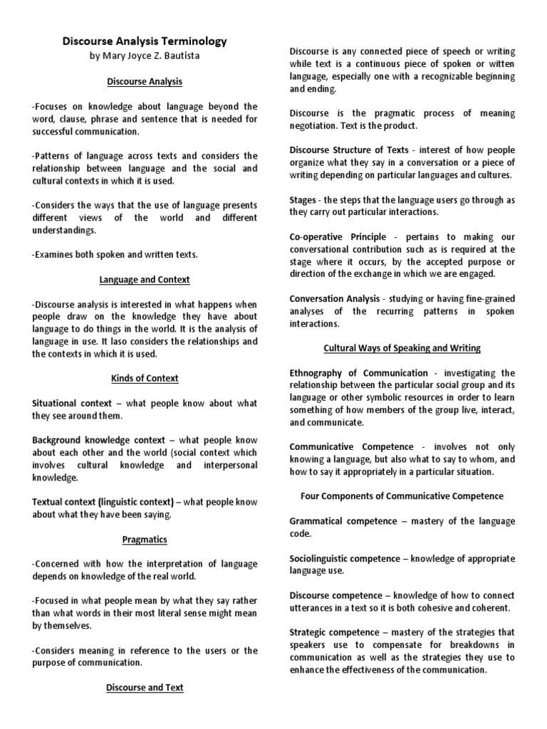 Discourse Analysis Terminology Guide | PDF | Context (Language Use ...