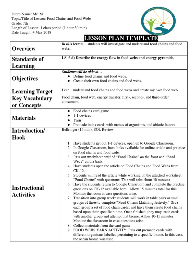 Lesson Plan Portfolio Ready PDF Food  Lesson Plan