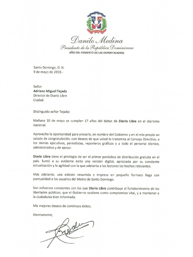Carta de felicitación del presidente Danilo Medina a Adriano Miguel