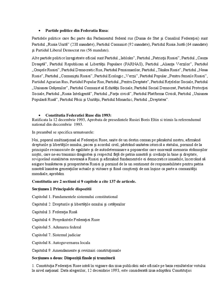 Partide Politice Din Federatia Rusa Si Constitutia | PDF