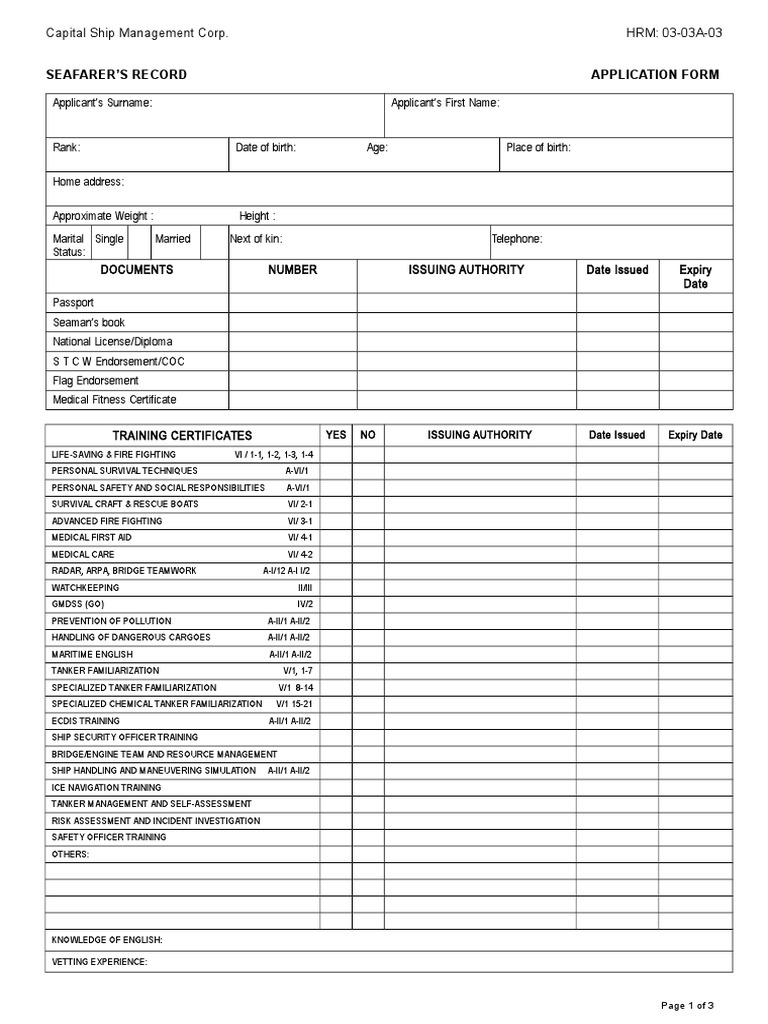 Seafarer Application: Documentation of Qualifications, Training, and ...
