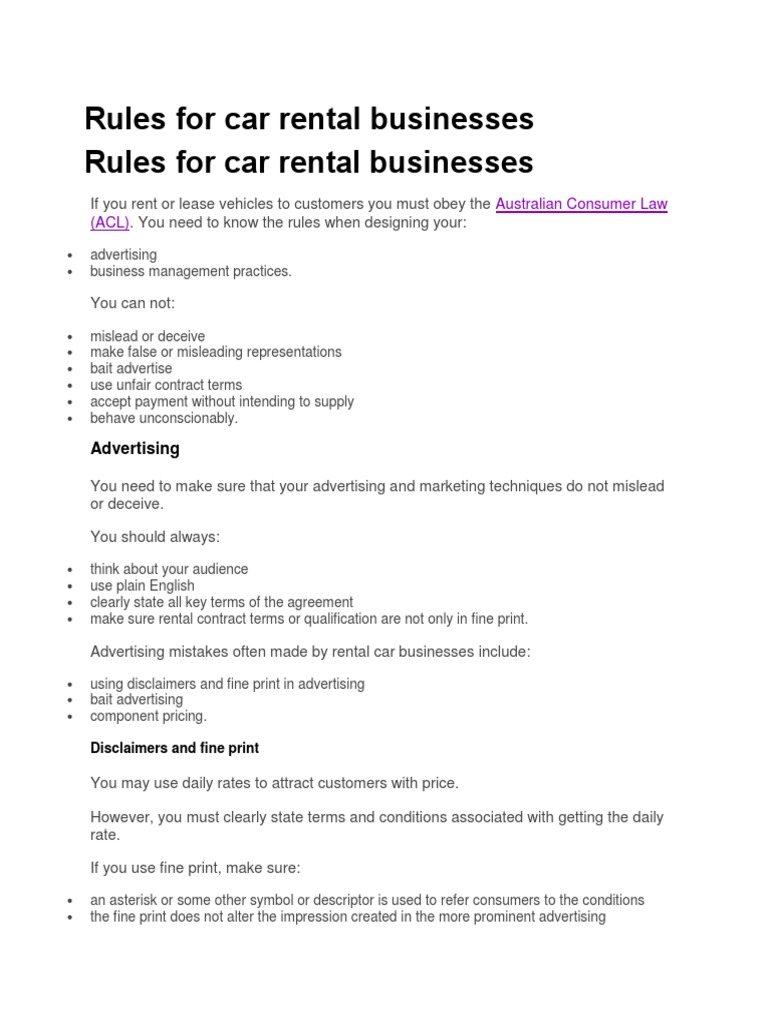Car Rental Business Compliance Rules | PDF | Fine Print | Contractual Term
