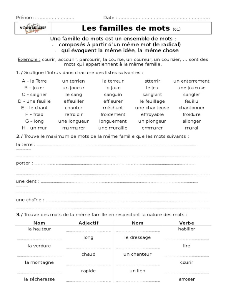 Les Familles De Mots Ce1 Exercices Pdf Familles de Mots 01 | PDF