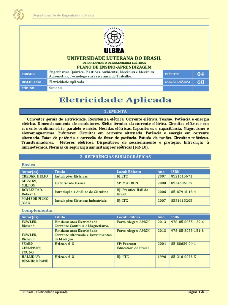 Plano de Ensino - Eletricidade Aplicada | PDF | Circuitos em série e em ...
