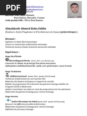 Almahjoub Ahmed Baha Eddin Cv12082017 Fr Ingenieur Machine Outil A Commande Numerique