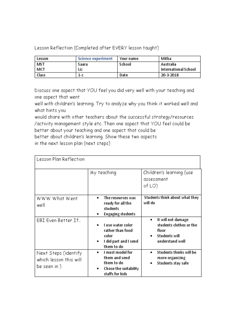 Lesson Reflection for Science Teaching | PDF
