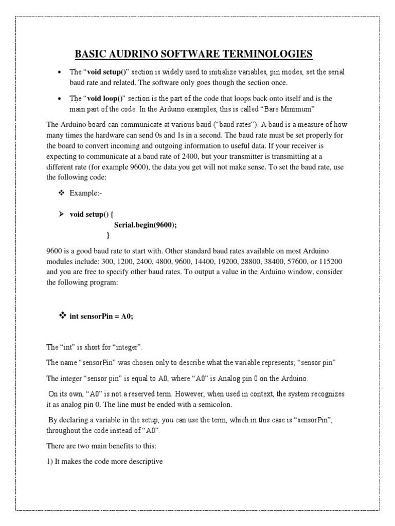 Basic Audrino Software Terminologies: Serial - Begin (9600) ) | PDF ...