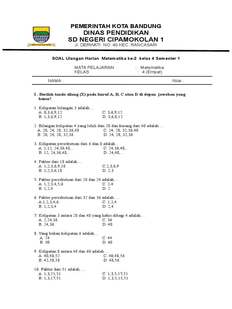 Soal Ulangan Harian Ke 2 Matematika Kelas 4 Semester 1 Doc