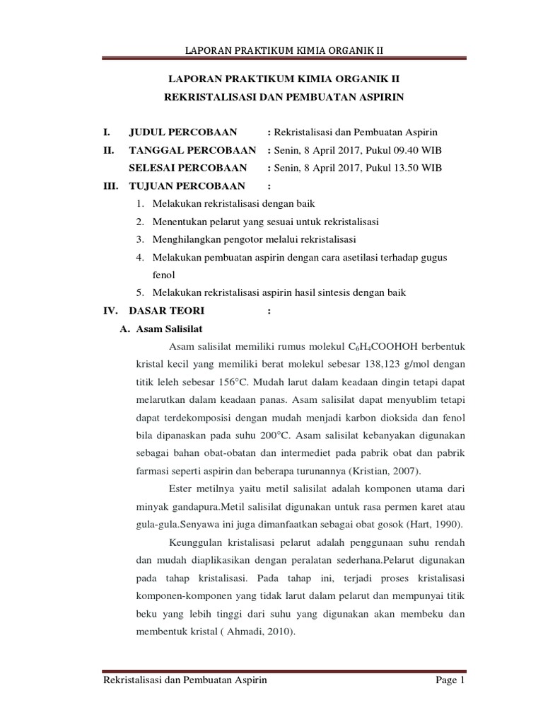 Rekristalisasi Dan Pembuatan Aspirin PDF