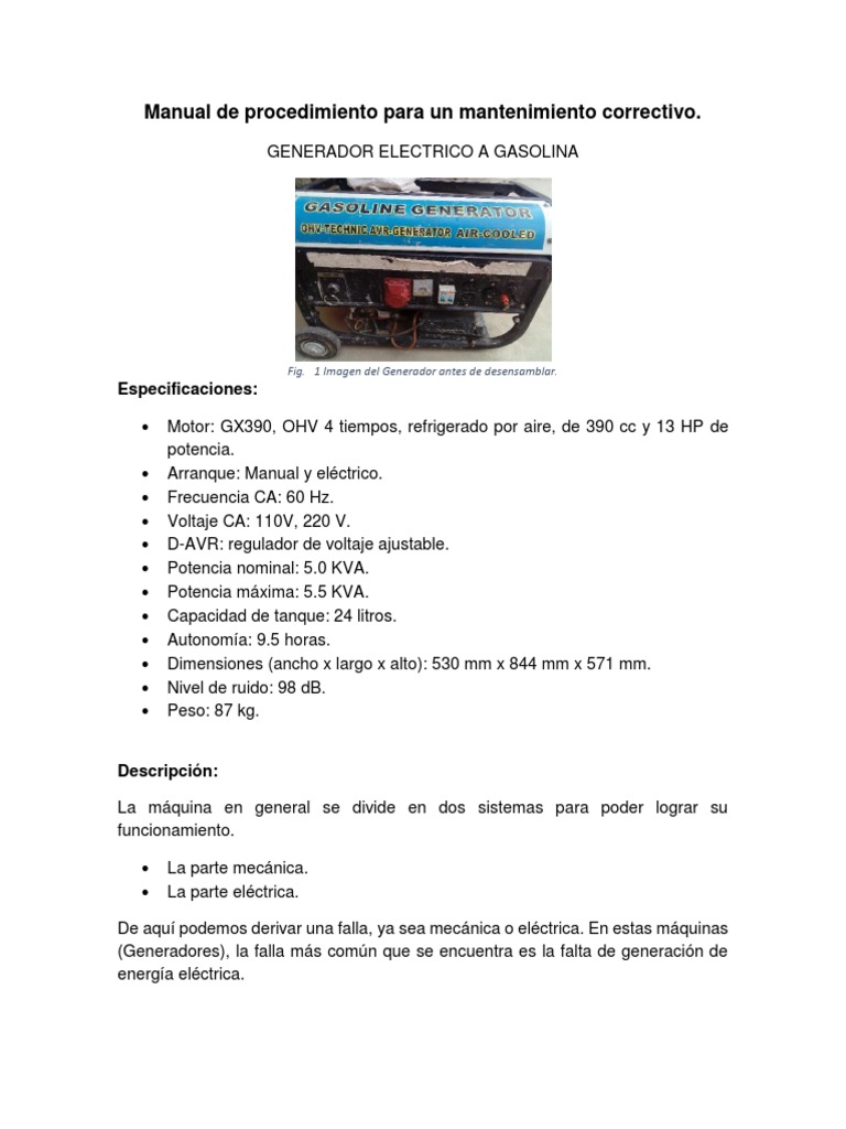 Manual de Procedimiento Para Un Mantenimiento Correctivo Generador eléctrico Bienes