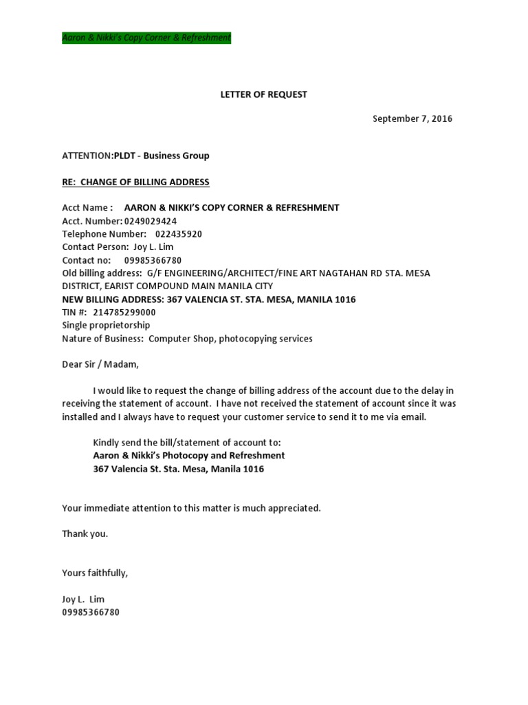 Change Of Billing Address Pdf Law