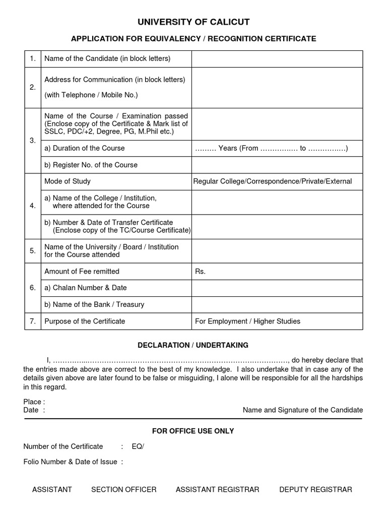 Calicut University Equivalency Application | PDF | Career & Growth ...
