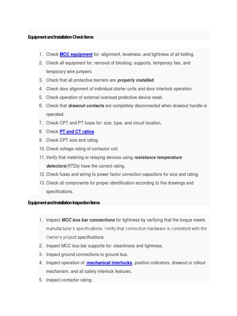MCC Inspection and Testing Checklist | PDF | Relay | Fuse (Electrical)