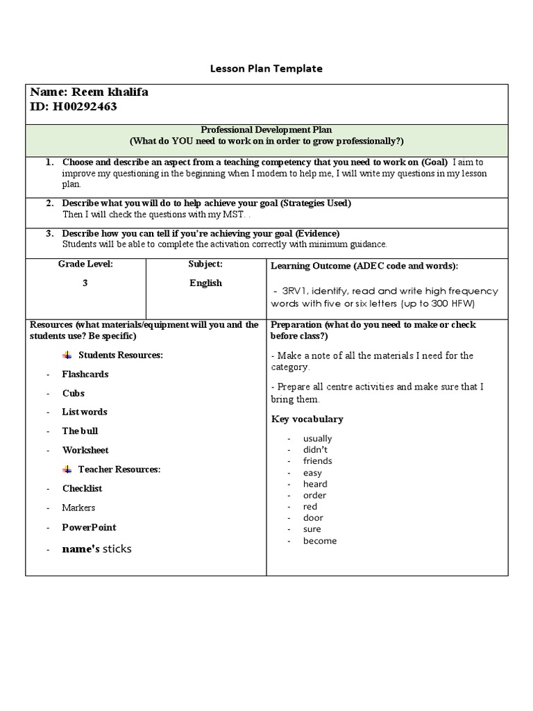 Grade 3 English Lesson Plan Template | PDF | Lesson Plan | Vocabulary