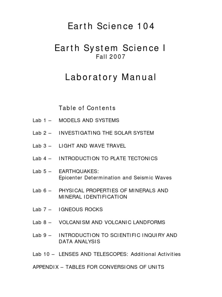 Earth Science 104 Earth System Science I Laboratory Manual: Fall 2007 ...